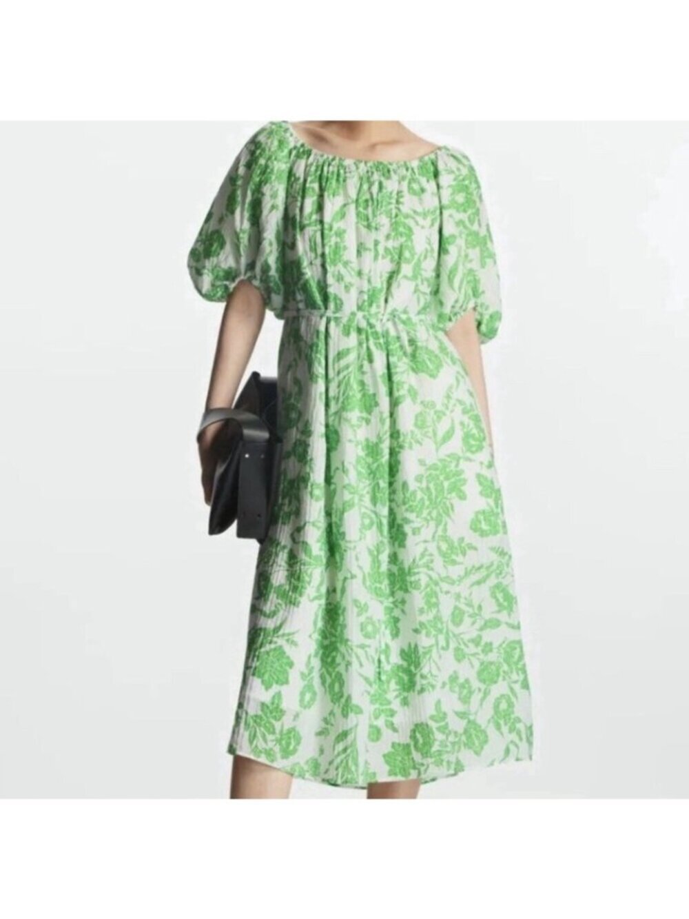 NEW COS Midi Dress Green Floral Print Size 8 Puff Sleeves Pockets Summer Preppy